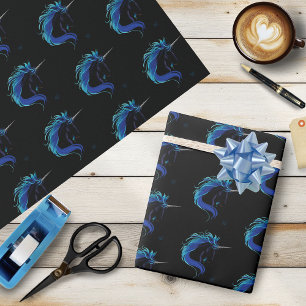 Papier Cadeau Licorne noire élégante Fantaisie Magique Bleu Arge