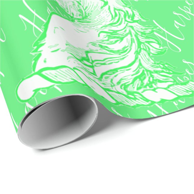 Papier Cadeau Licorne Verte Magique Motif Nom Personnalisé Harpe (Coin rond)