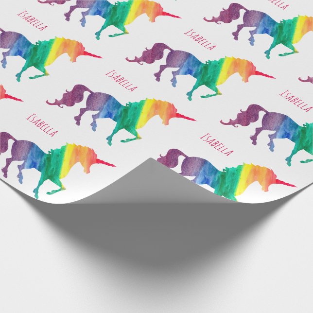 Papier Cadeau Licornes personnalisées d'arc-en-ciel d'aquarelle (Coin)