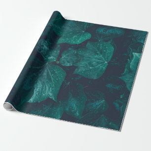 Papier Cadeau Lierre vert émeraude foncé gouttes d'eau feuille