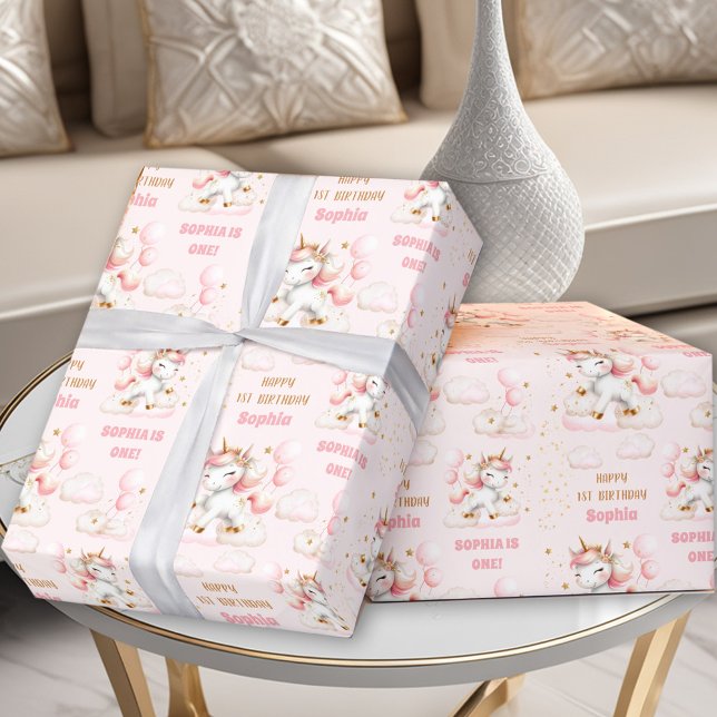 Papier Cadeau Light Rose mignon Unicorn Girl 1er Anniversaire No (Light Pink Cute Unicorn Girl 1st Birthday Name Wrapping Paper)