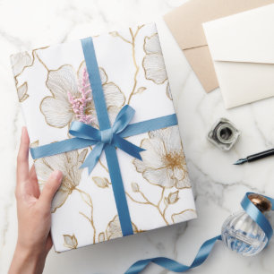 Papier Cadeau Ligne Fleur Or Chic Motif Floral Blanc