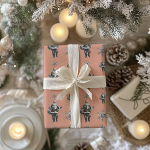 Papier Cadeau Ligne Père Noël noir et blanc Art Corail rose