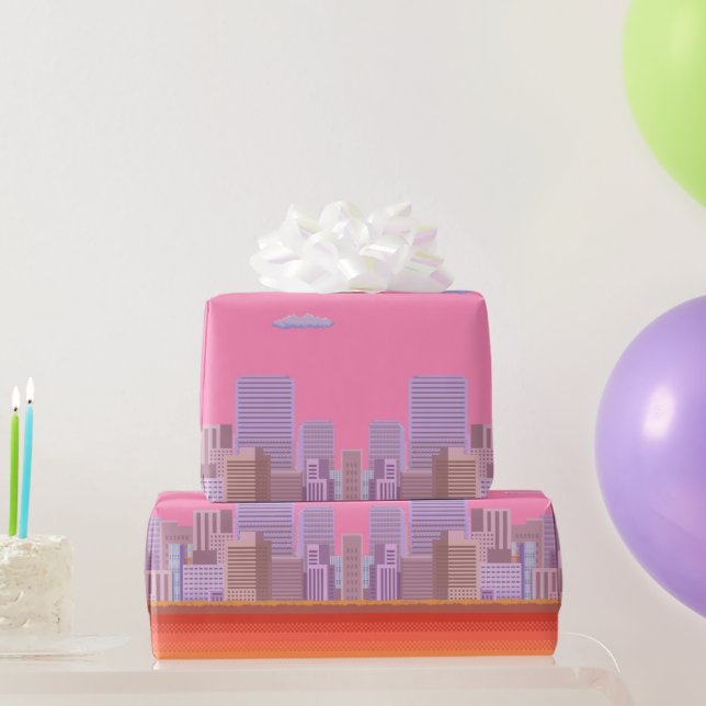 Papier Cadeau Ligne Skyline 8 bits (Cadeaux de fête)