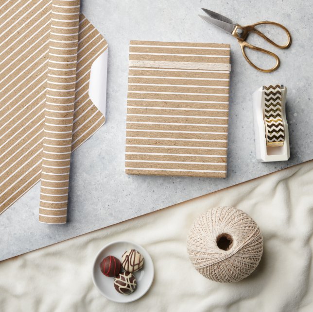 Papier Cadeau Lignes blanches simples sur kraft brun rustique fa (Artisanat)