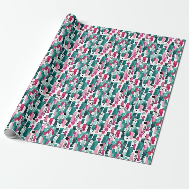 Papier Cadeau Lignes d'aquarelle rose et vert Doodle. (Déroulé)