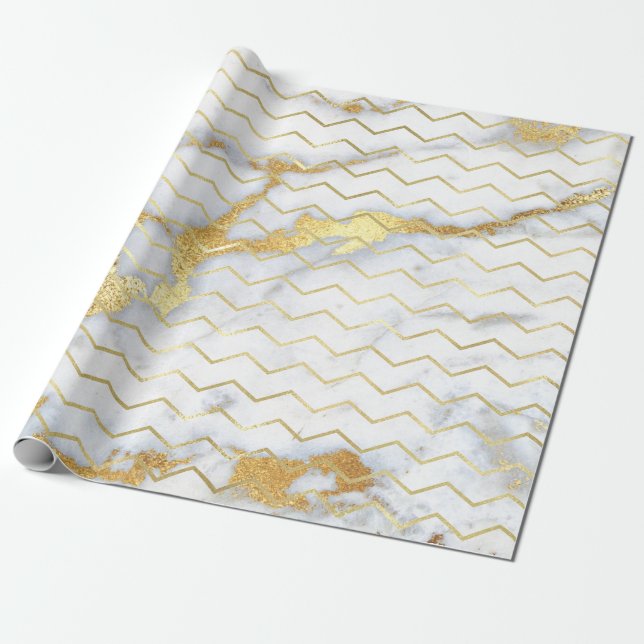 Papier Cadeau Lignes de marbre gris métallisé doré Chevron Strip (Déroulé)