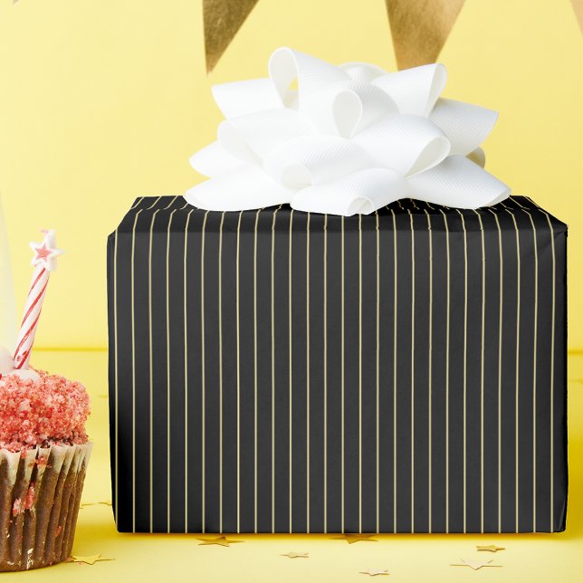 Papier Cadeau Lignes noires Faux Or modernes Grilles Texte perso (Modern Faux Gold Black Lines Stripes Custom Text Wrapping Paper)