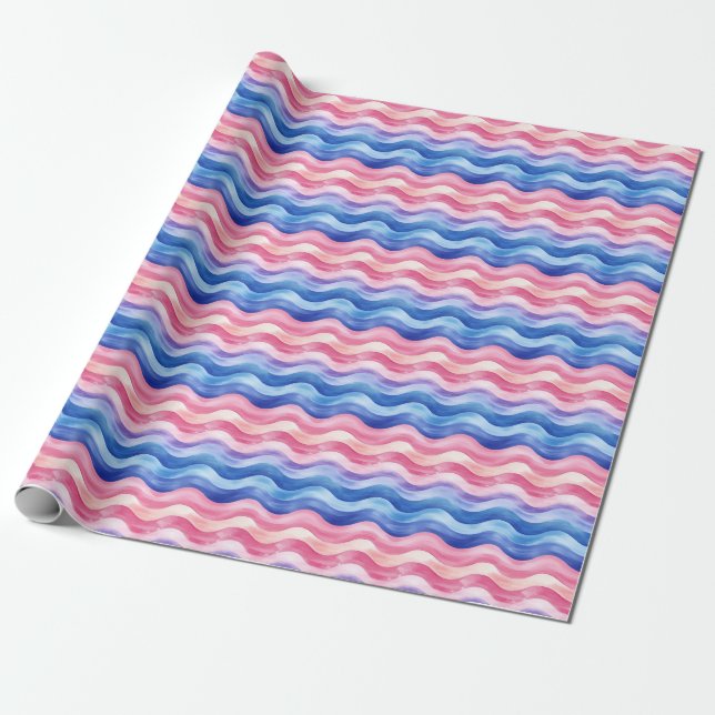 Papier Cadeau Lignes ondulées bleues et roses (Déroulé)
