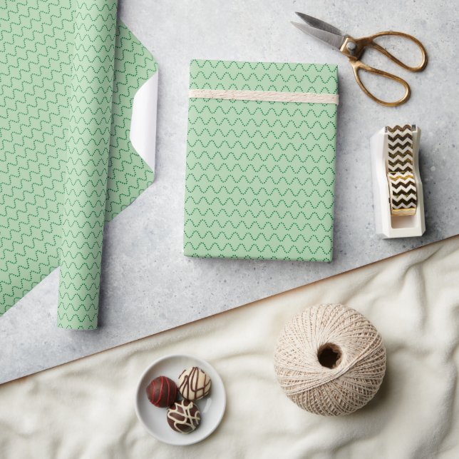 Papier Cadeau Lignes pointillées ondulées vert foncé sur fond ve (Artisanat)