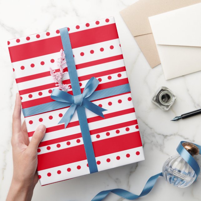 Papier Cadeau Lignes rouges et points Noël simple (Cadeaux)