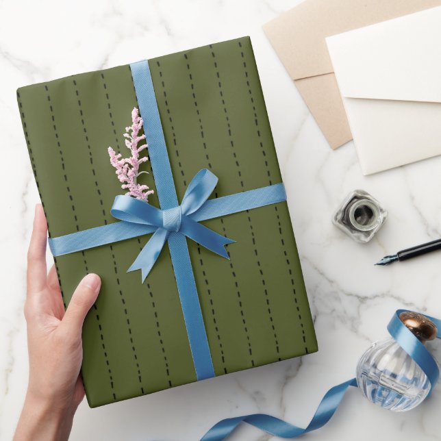 Papier Cadeau Lignes Tiretées sur Fond Vert Olive Foncé (Cadeaux)