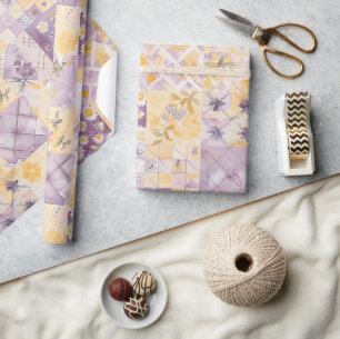 Papier Cadeau Lila Jaune Courtepoint Gingham Cottagecore Floral