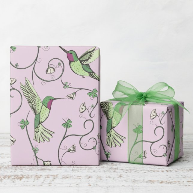 Papier Cadeau Lilac Shamrock Vine Hummingbird Pattern (Pink St Patrick's Day Irish Gift Wrap. Whimsical Floral Hummingbird, Green Clover, Lucky Shamrocks)