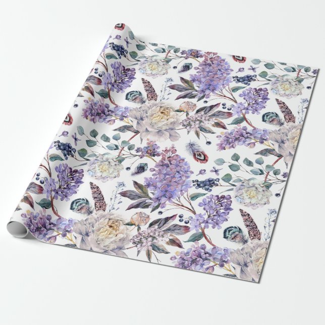Papier Cadeau Lilas et fleurs de pivoines (Déroulé)