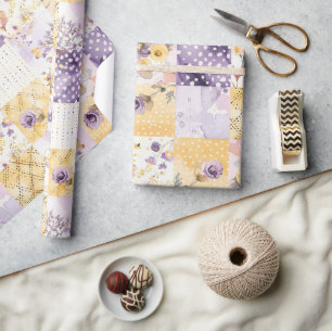 Papier Cadeau Lilas Jaune Courtepoint Gingham Cottagecore Floral
