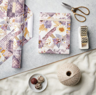 Papier Cadeau Lilas Jaune Patchwork Gingham Cottagecore Floral