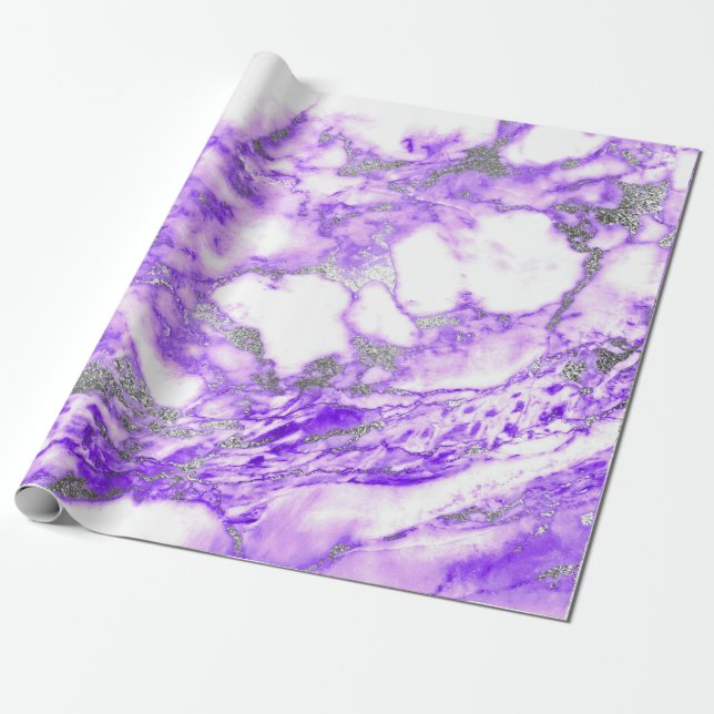 Papier Cadeau Lilla violet Marbre blanc argenté brillant (Déroulé)