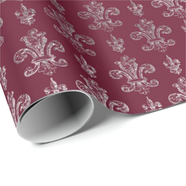 Papier Cadeau Lily Royal Damask Maron Bourgogne Argent (Coin rond)