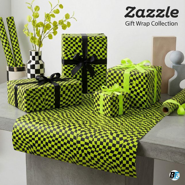 Papier Cadeau Lime Green Black Warped Checkerboard Trippy Patter (Créateur téléchargé)