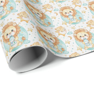 Papier Cadeau Lion Cute Baby Pastel Motif d'aquarelle
