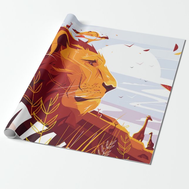 Papier Cadeau Lion majestueux en safari Roi des bêtes couché et  (Déroulé)