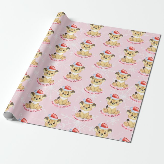Papier Cadeau Lion personnalisé 1er Noël bébé fille rose (Déroulé)
