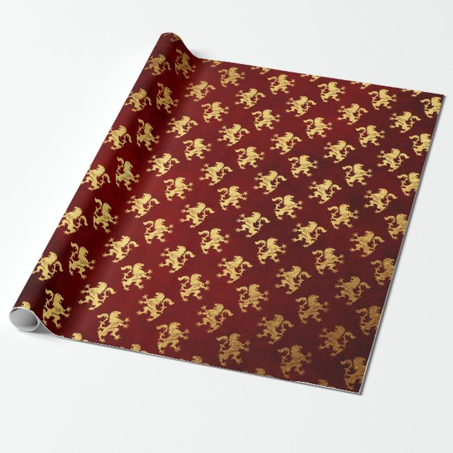 Papier Cadeau Lion royal royal rouge velours héraldique (Déroulé)