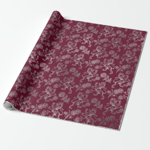 Papier Cadeau Lions Club Royal Floral Maroon Bourgogne Argent