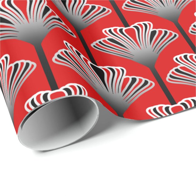 Papier Cadeau Lis d'art déco, rouge-foncé et gris/gris (Coin rond)