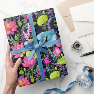 Papier Cadeau Lis roses et oiseaux bleus