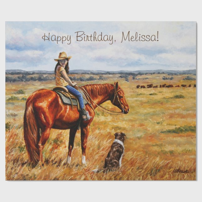 Papier Cadeau Little Cowgirl on Cattle Horse (Plat)