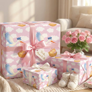 Papier Cadeau Livraison de la cigogne Bébé Fille Enveloppement P