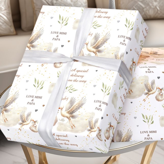 Papier Cadeau Livraison spéciale Unisex Stork Nouveau nom bébé T (Special Delivery Unisex Stork New Baby Name Text Wrapping Paper)