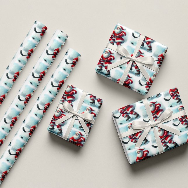 Papier Cadeau Livre d'enveloppement de Noël du joueur de hockey  (Santa Hockey Player Christmas Wrapping Paper)
