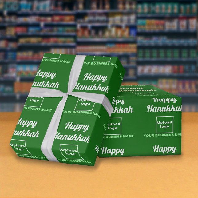 Papier Cadeau Livre vert Hanoukka pour les entreprises (Hanukkah greeting, business name and logo on green wrapping paper)