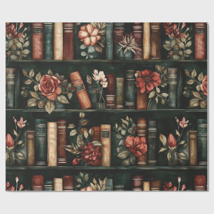 Papier Cadeau Livres noirs et rouges avec des fleurs sur étagère