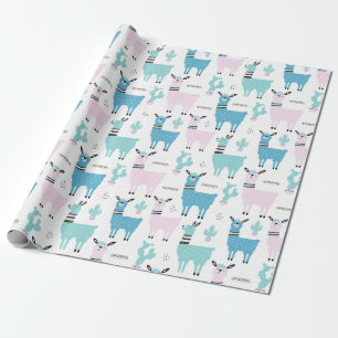 Papier Cadeau Llama Alapaca Baby shower bleu rose
