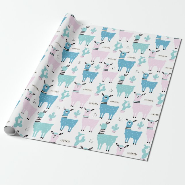 Papier Cadeau Llama Alapaca Baby shower bleu rose (Déroulé)