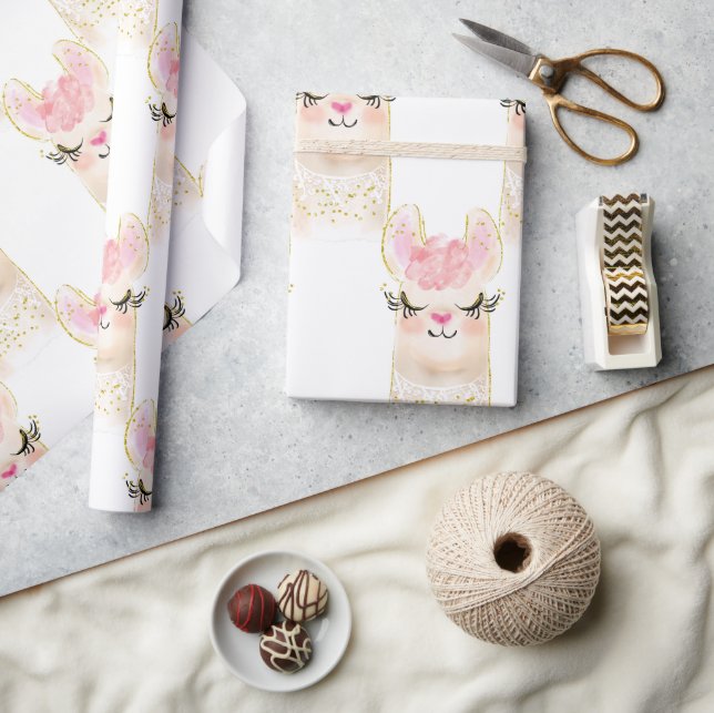 Papier Cadeau Llama Aquarelle rose or rose papier d'enveloppemen (Artisanat)