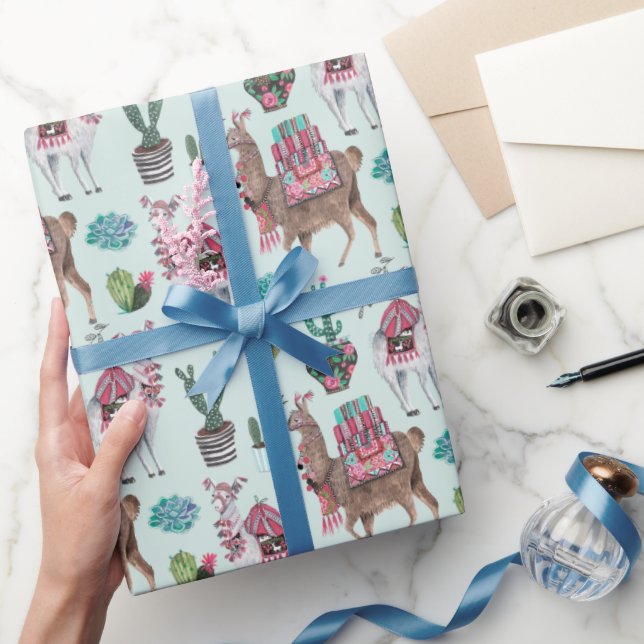 Papier Cadeau Llama | bleu | Papier d'enrobage (Cadeaux)
