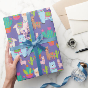 Papier Cadeau Llama colorée et Motif Cactus