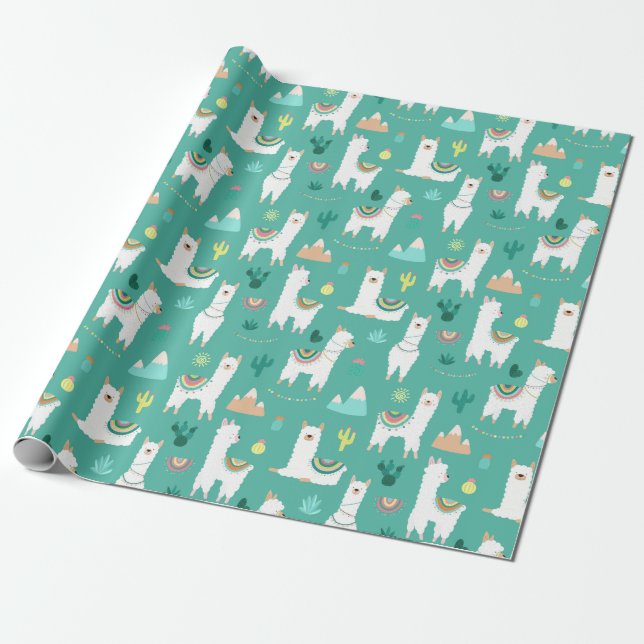 Papier Cadeau Llama et Cactus en vert (Déroulé)