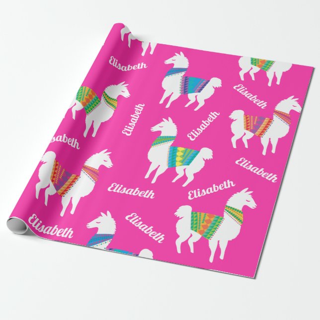 Papier Cadeau Llama Girls Anniversaire Personnalisé Nom et coule (Déroulé)