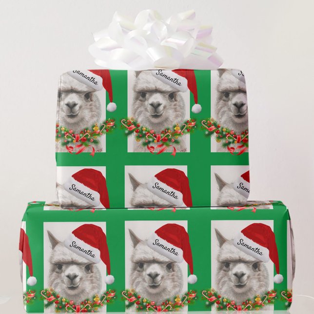 Papier Cadeau Llama Sourires Père Noël Nom personnalisé Noël (Créateur téléchargé)
