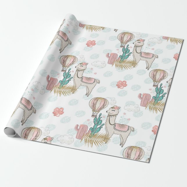 Papier Cadeau Llama Steampunk désert paillettes rose et or (Déroulé)