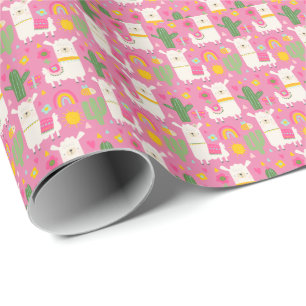 Papier Cadeau Llamas Arcs-en-ciel Cactus Vert Lumineux Rose Fémi