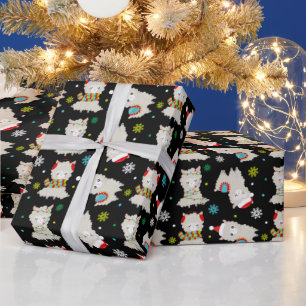 Papier Cadeau Llamas de fête de Noël sur fond noir