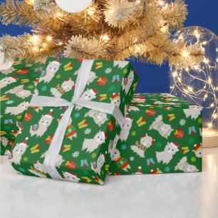 Papier Cadeau Llamas de fête de Noël sur fond vert