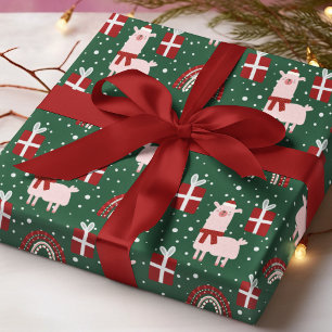 Papier Cadeau Llamas de Noël Arcs-en-ciel Cadeaux Rouge Vert